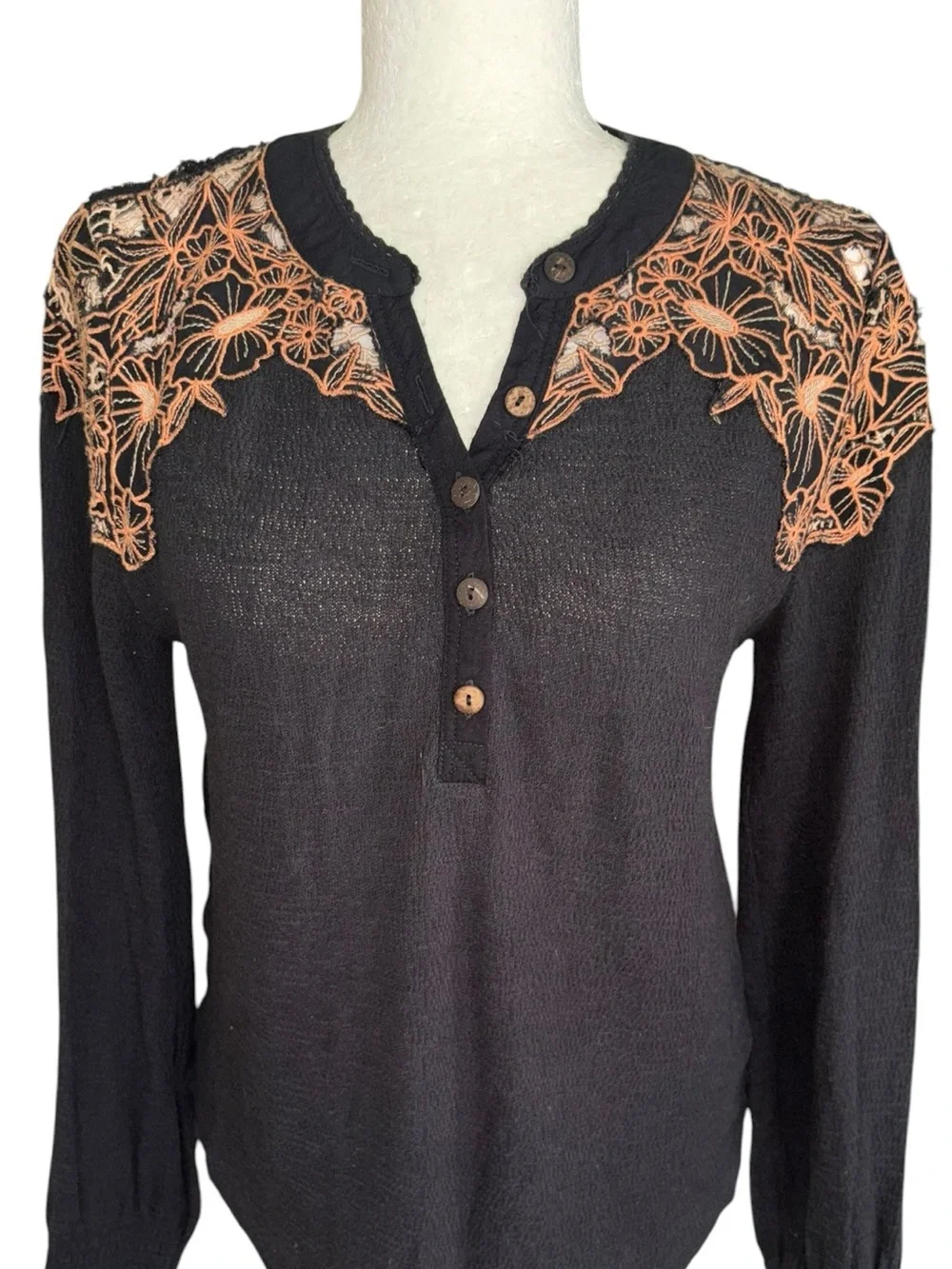 Free People Easy Breezy Black Embroidered Eyelet Henley Top - M
